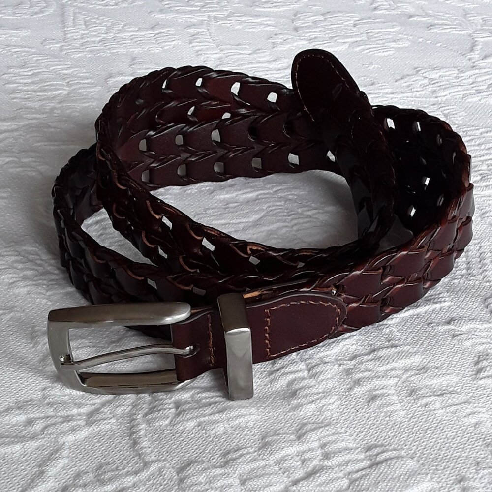 NWOT Dark Brown Leather Braided Belt w/Silvertone Buckle